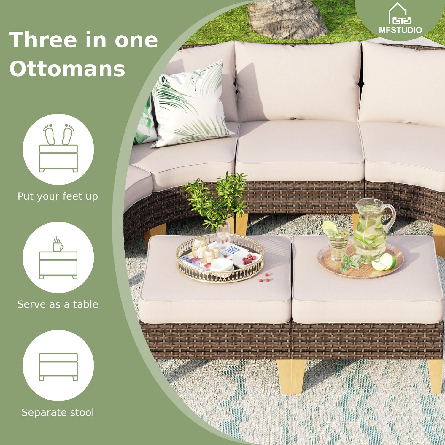 MFSTUDIO 11 Pieces Wicker Patio Furniture Set with 56" Fire Pit Table, All-Weather Rattan Outdoor Half-Moon Patio Sectional Sofa Set, 4 x Curved Sofa, 4 x Armless Sofa, 2 x Ottoman(Beige Cushion)