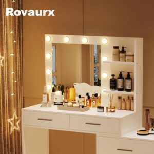 Rovaurx 65" W Makeup Vanity Set with Mirror and 3-Color Lights, Large Vanity Table with 8 Drawers & Side Storage Shelf, Adjustable Width, Bedroom Dressing Table with Stool, for Women, White RSZT109WD