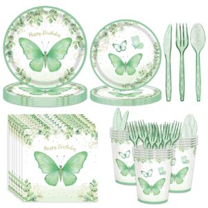 awlzjzqa 168 pcs butterfly plates and napkins party supplies serve 24 guests sage green birthday plates disposable tea party decorations happy birthday paper plates cups flower decor spring for women