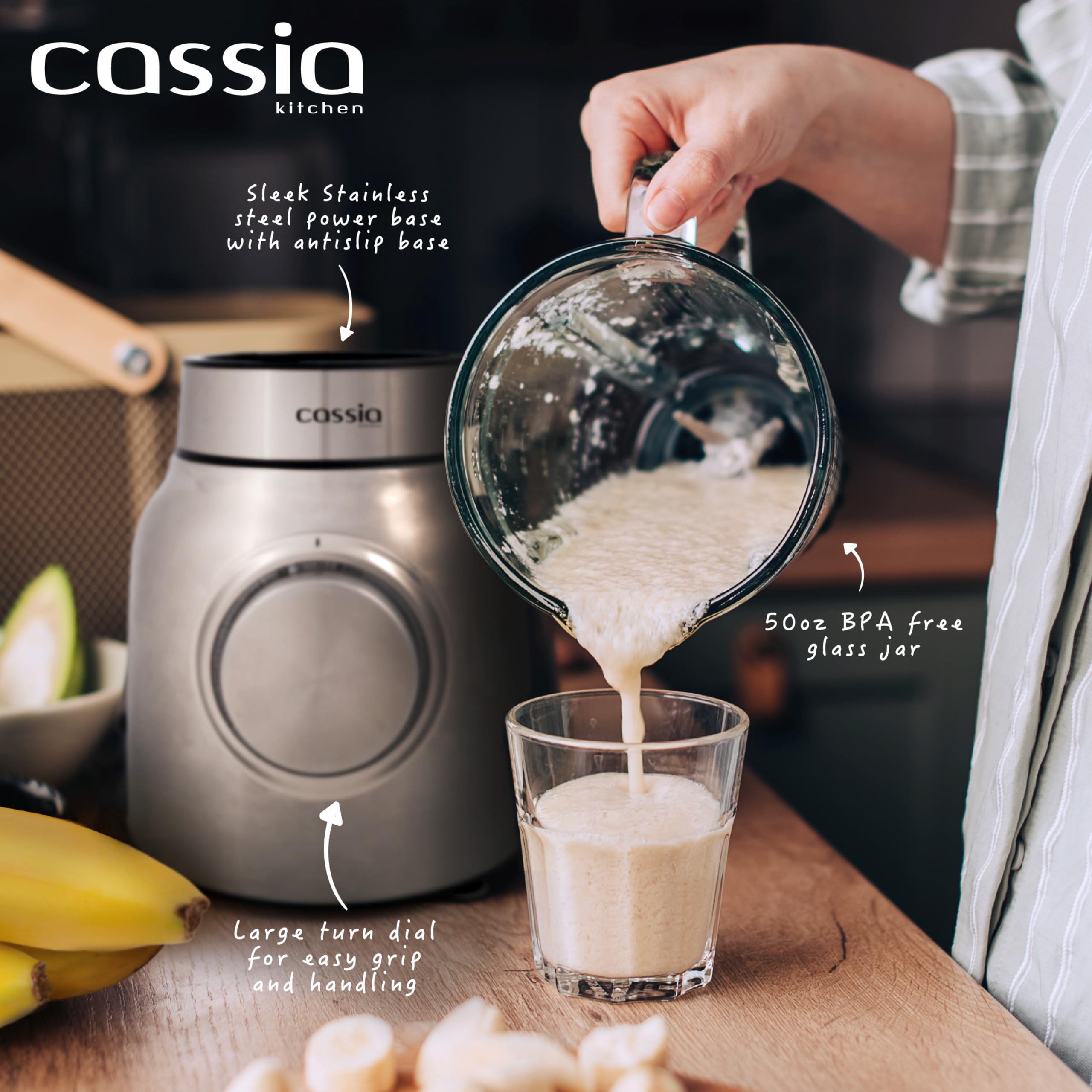 Dynamic Blend: 600W Cassia Countertop Blender with 1.5L Glass Jar - Safety Features, Stainless Steel Housing, and Powerful Performance