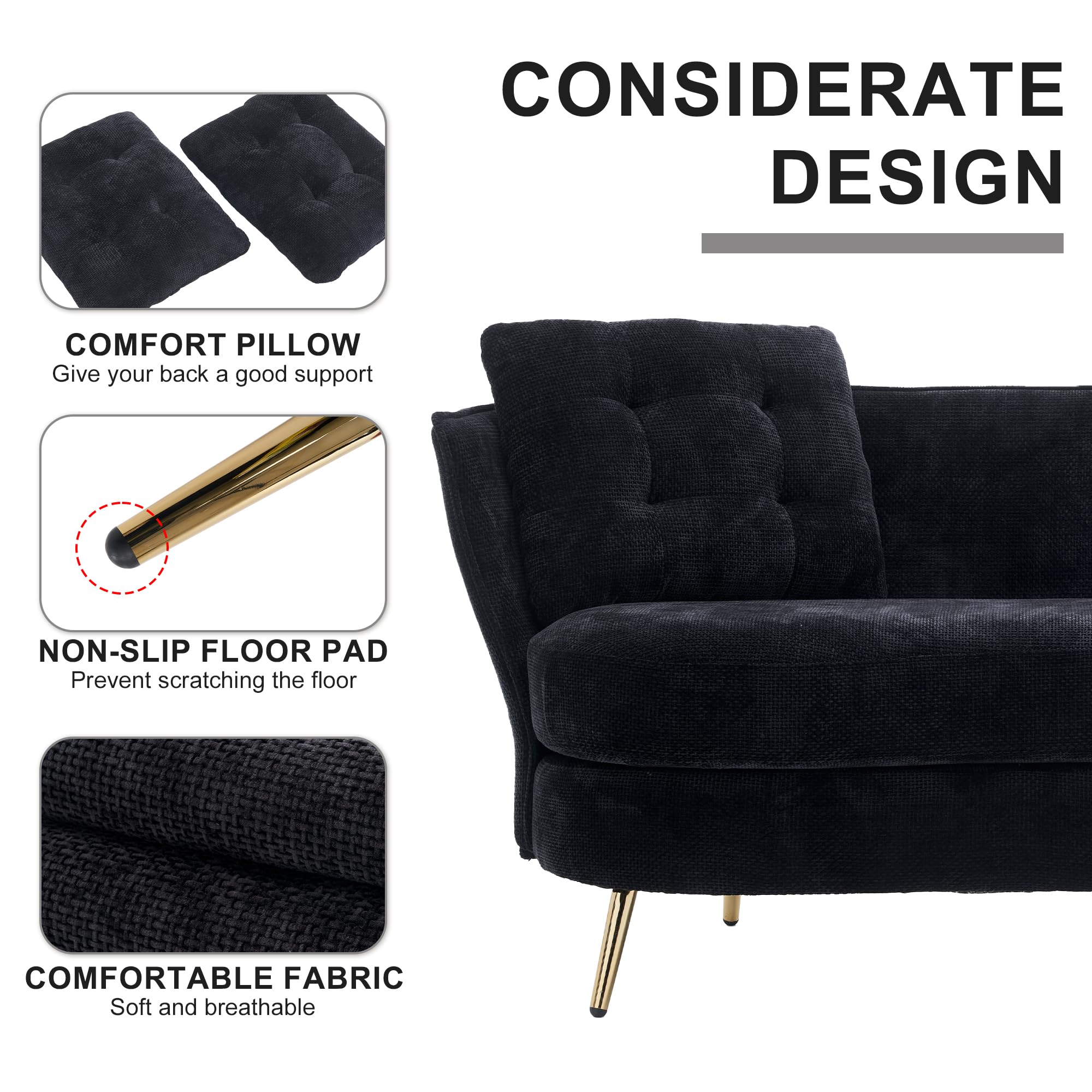 Chaininnov Loveseat Upholstered Couch Polyester Fiber with Golden Metal Legs Club Two-Seat Sofa for Living Reading Room Bedroom Apartment Small Space Dorm (Black)