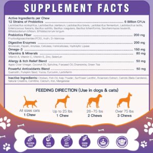 Probiotics for Dogs, Freeze-Dried Dog Probiotics and Digestive Enzymes, Plus Omega-3 for Itchy Skin, 3-in-1 Prebiotics for Digestive Health, Dog Vitamins and Supplements for Immune Health, 120 Bites