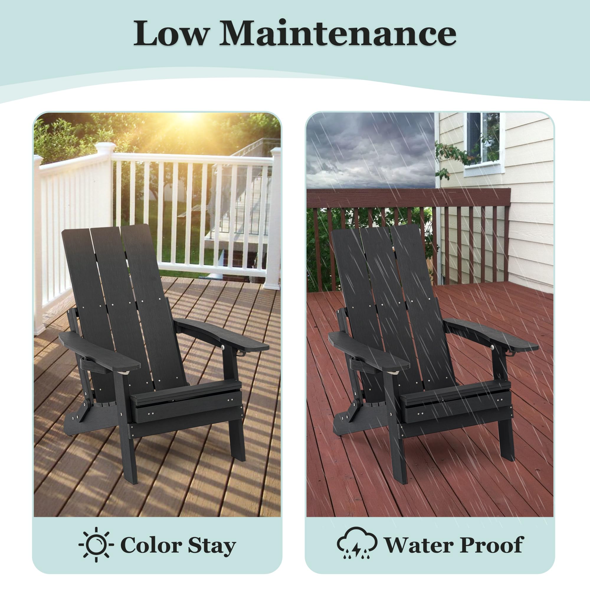 Mega Casa Poly Lumber Adirondack Chair with Cup Holders, Ottoman and Cushion, Adjustable Backrest, All-Weather Resistant, Wood-Like Pattern, Heavy Duty 700 LBS (Black)