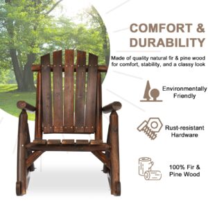 EPICOZY Outdoor Wooden Rocking Chair, Patio Rustic Adirondack Porch Rocker, All Weather Solid Wood Log Rocker Chair with High Back & Slatted Seat for Indoor, Backyard, Garden, Carbonized