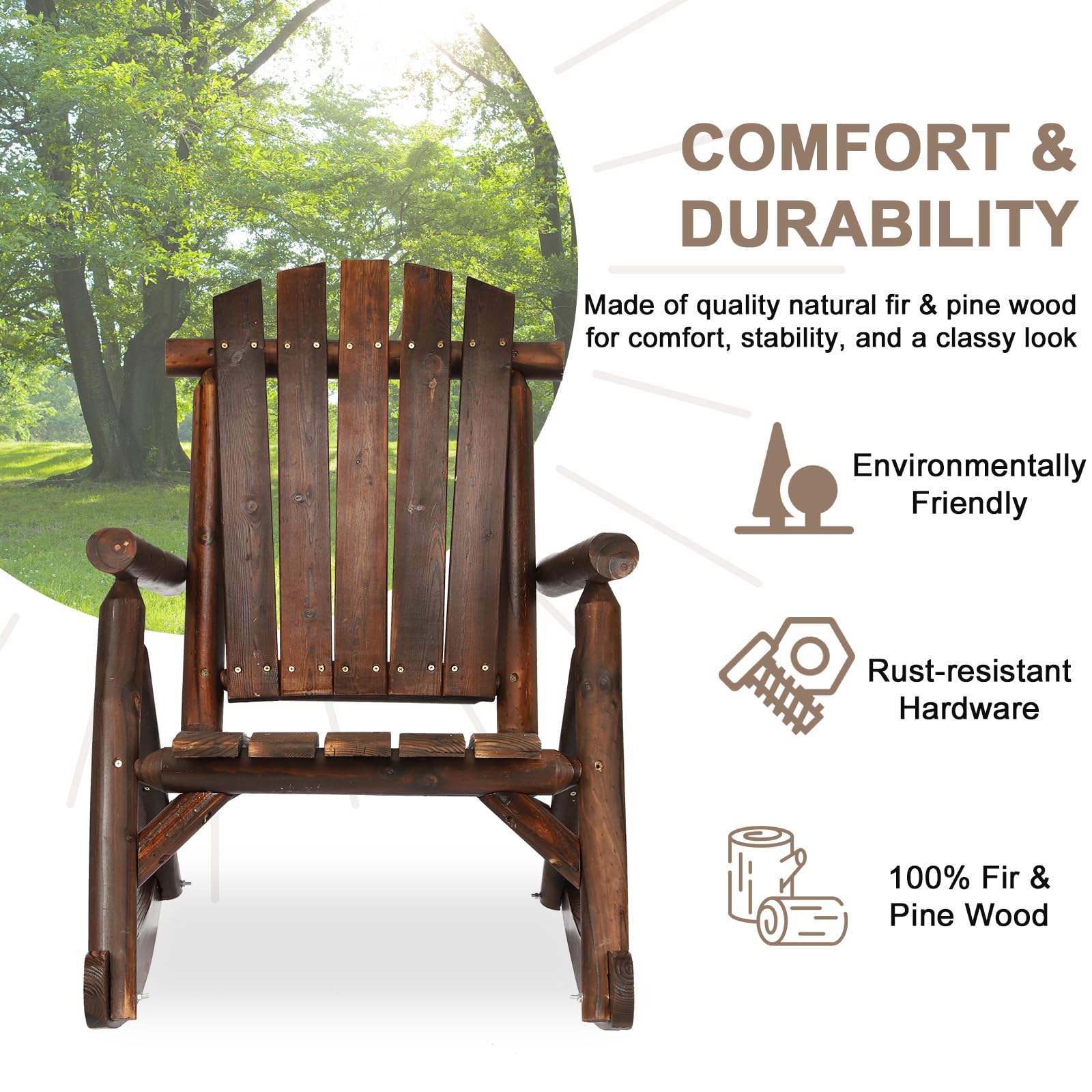 EPICOZY Outdoor Wooden Rocking Chair, Patio Rustic Adirondack Porch Rocker, All Weather Solid Wood Log Rocker Chair with High Back & Slatted Seat for Indoor, Backyard, Garden, Carbonized