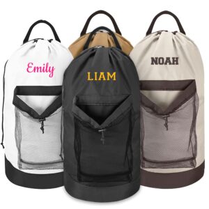 personalized travel laundry bag backpack, embroidered extra large laundry bag for travel with shoulder strap, custom heavy duty laundry bag with mesh pocket for delicates, traveling and camping