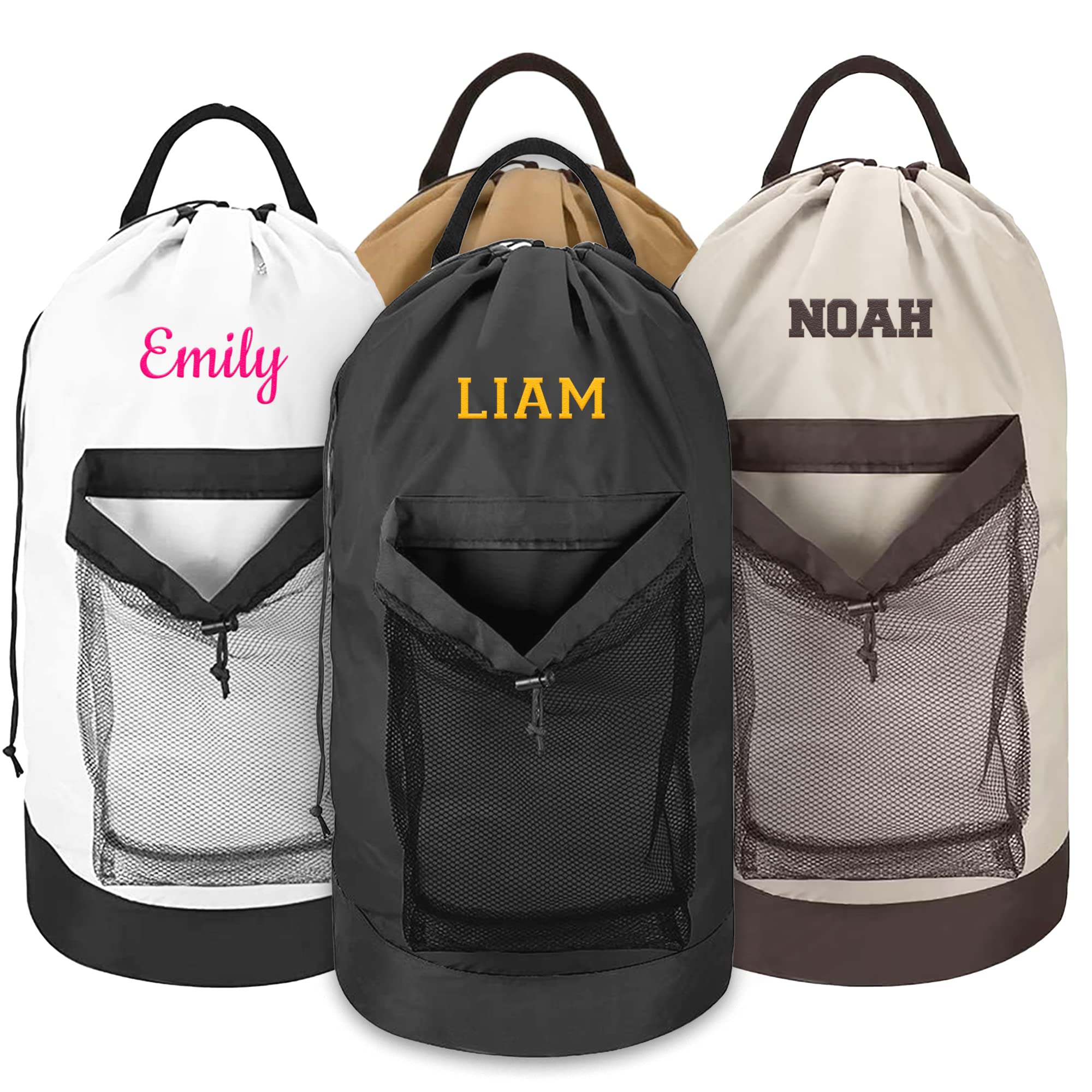 Personalized Travel Laundry Bag Backpack, Embroidered Extra Large Laundry Bag For Travel with Shoulder Strap, Custom Heavy Duty Laundry Bag with Mesh Pocket for Delicates, Traveling and Camping