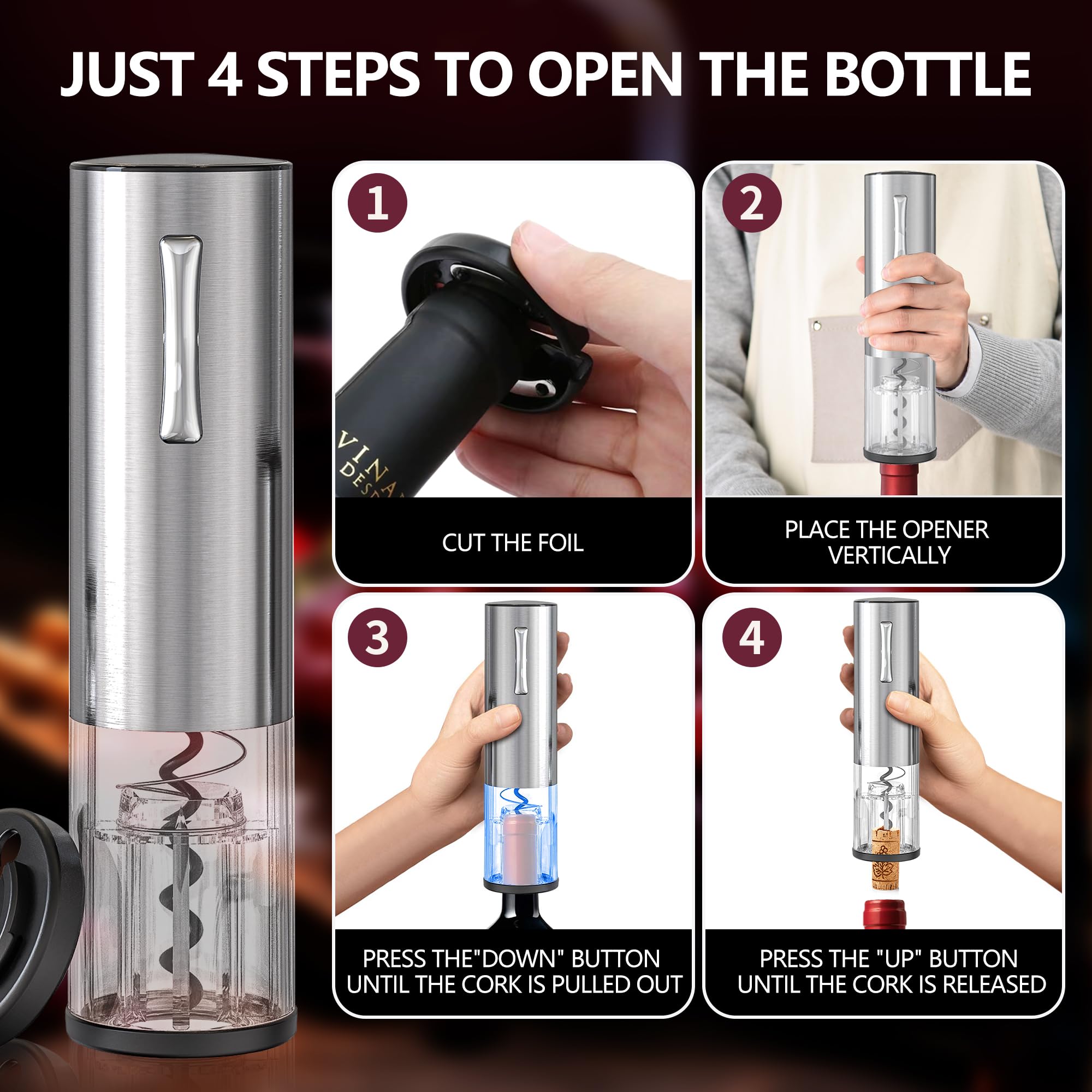 BGFOX 4 in 1 Electric Wine Bottle Opener Gift Set - Rechargeable Automatic Wine Bottle Corkscrew Opener with Wine Dispenser Aerator, Vacuum Stopper and Foil Cutter, Stainless Steel