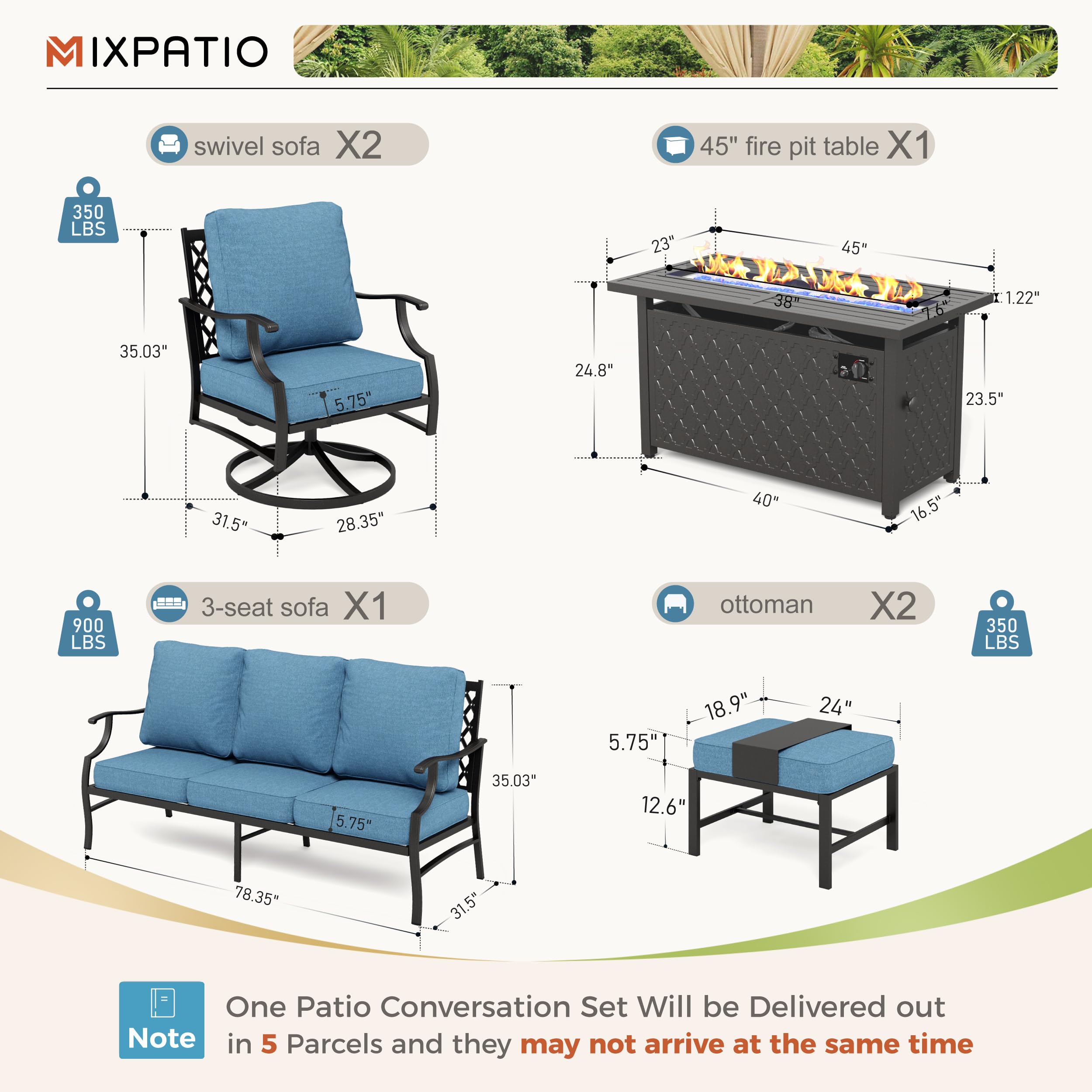 MIXPATIO Patio Furniture Set, 6 Pcs Metal Outdoor Conversation Set, 2 Swivel Chairs, 2 Ottomans and 3 Seater Sofa with 5.75" Extra Thick Cushion and Gas Fire Pit Table, Navy Blue