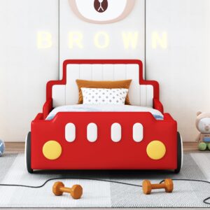 Harper & Bright Designs Twin Size Race Car-Shaped Bed Frame with Wheels for Kids, PU Leather Wooden Twin Platform Bed with Wood Slat Support, No Box Spring Needed,Red