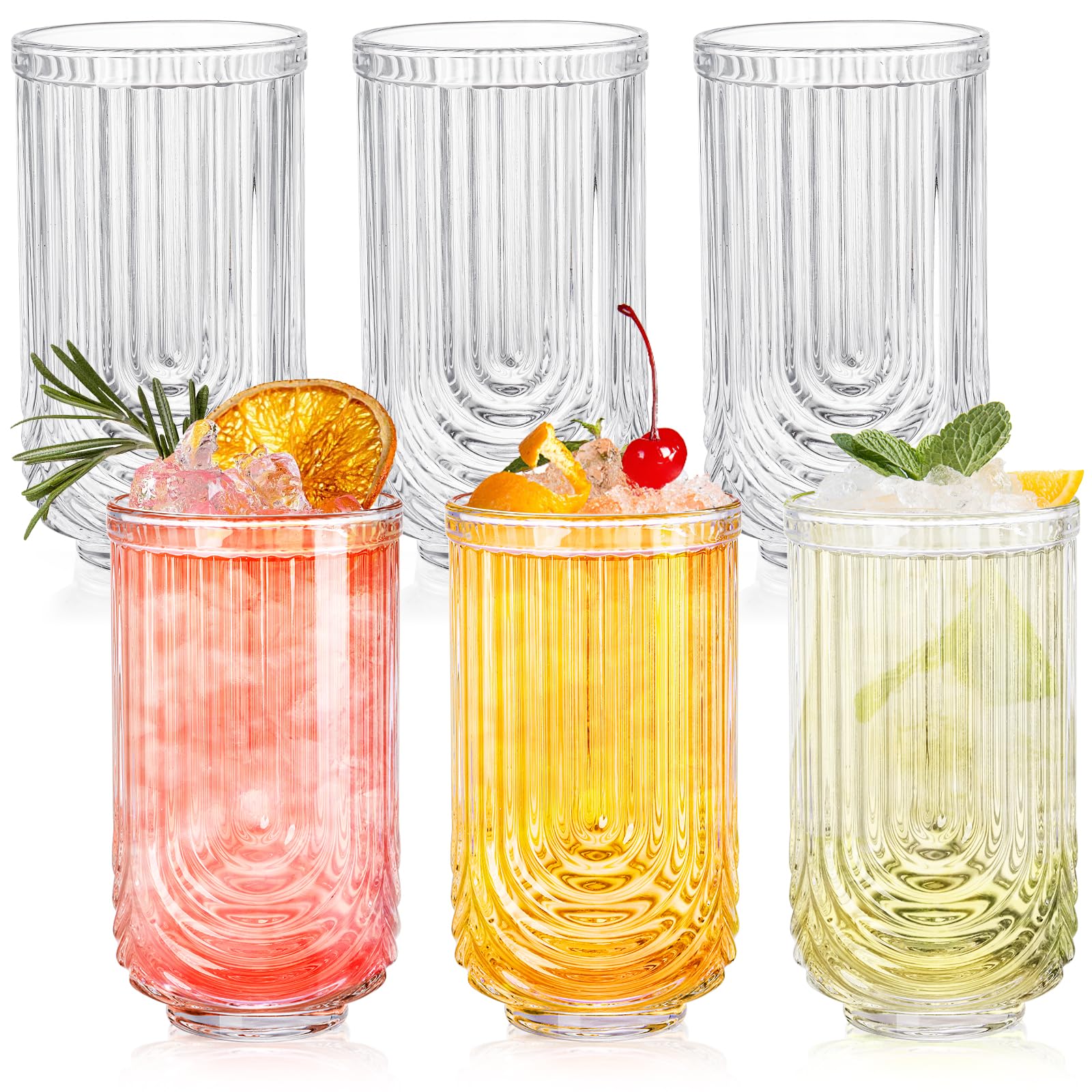 Tlence 6 Pack Highball Cocktail Drinking Glass, 14 OZ Clear Vintage Glassware, Embossed Ripple HiBall Glass Tumbler Cup, Water Drinkware Barware for Bar Beverages Mojito Whiskey Coffee Juice