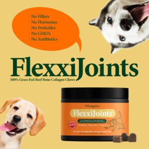 KiwiOrganix NZorganix FlexxiJoints Hip and Joint Supplement Chews for Dogs, Cats • 100% Grass-Fed Beef Bone Collagen New Zealand Green-Lipped Mussels • 100 Chews