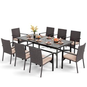 phi villa 9 pieces outdoor dining set for 8, large rectangle wrought iron table with umbrella hole & cushioned wicker chairs, dining furniture for patio, deck, yard, porch