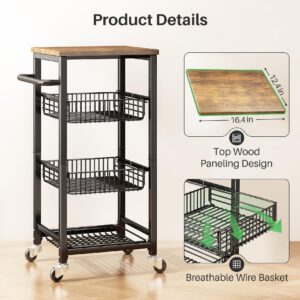 Fruit Basket for Kitchen Pantry Organizers - 4 Tier with Wheels, Wooden Top Table, Stackable Metal Wire Basket Stand for Fruit Vegetable Snacks Storage Organization, Black