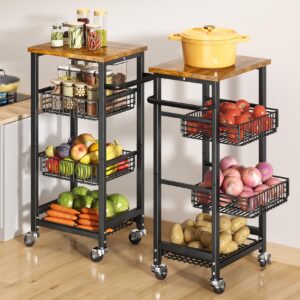 fruit basket for kitchen pantry organizers - 4 tier with wheels, wooden top table, stackable metal wire basket stand for fruit vegetable snacks storage organization, black