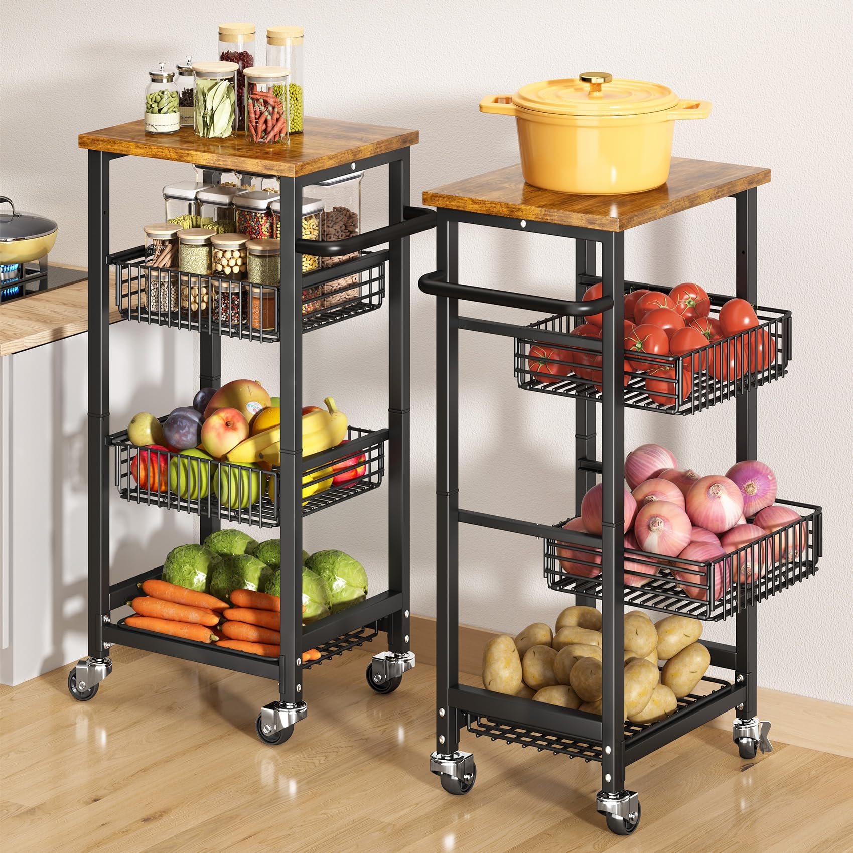 Fruit Basket for Kitchen Pantry Organizers - 4 Tier with Wheels, Wooden Top Table, Stackable Metal Wire Basket Stand for Fruit Vegetable Snacks Storage Organization, Black