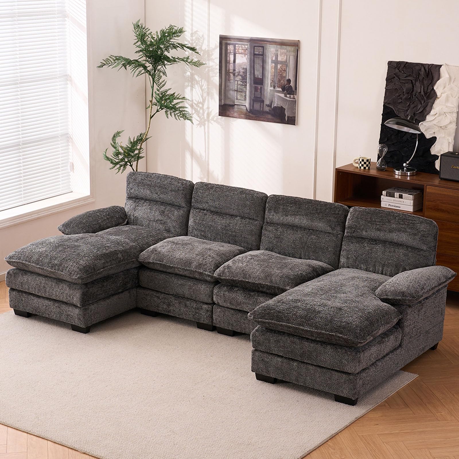 Chenille U Shaped Modular Sectional Sofa,6 Seat Couch 7 Deap Seats Corne, Oversized Convertible Upholstery,Symmetrical Sofa Cloud Couches with Double Chaise for Living Room Apartment (Grey)