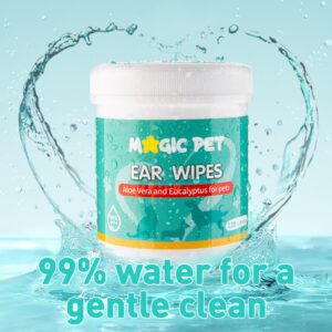 Magic Pet - Dog Ear Cleaner Wipes — 120 Grooming Wipes W/Aloe Vera & Eucalyptus — Gentle 99% Water Pet Ear Wipes for Odor & Wax Removal — Otic Dogs & Cats Ears Cleanser Itch-Free Pet Grooming Supplies