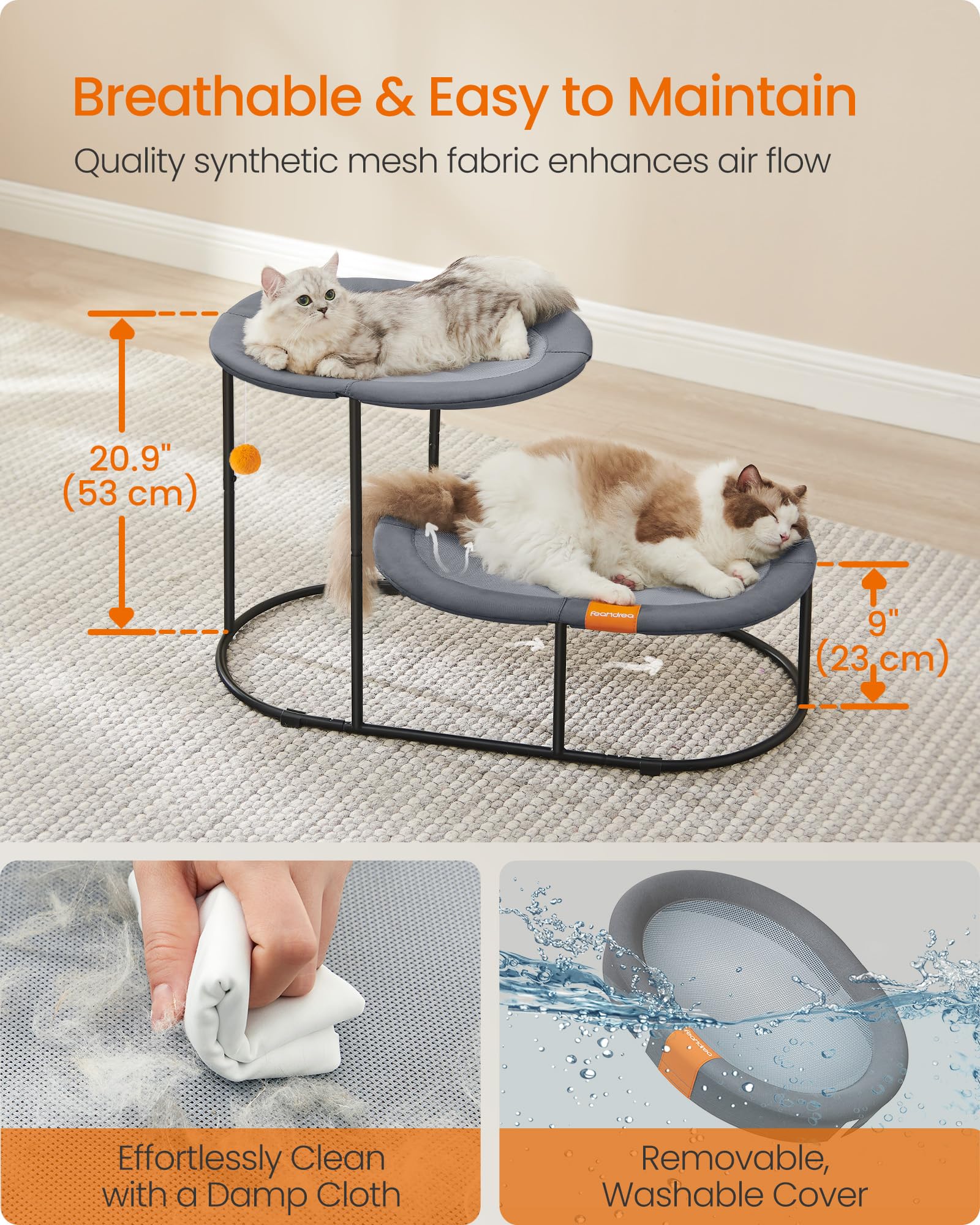 Feandrea Cat Bed, 2-Tier Elevated Cat Bed, Breathable Cat Hammock for Multi-Cat Households, Indoor Cats, with Removable Washable Mesh, Steel Frame, for Summer, Dove Gray UPCB012G01