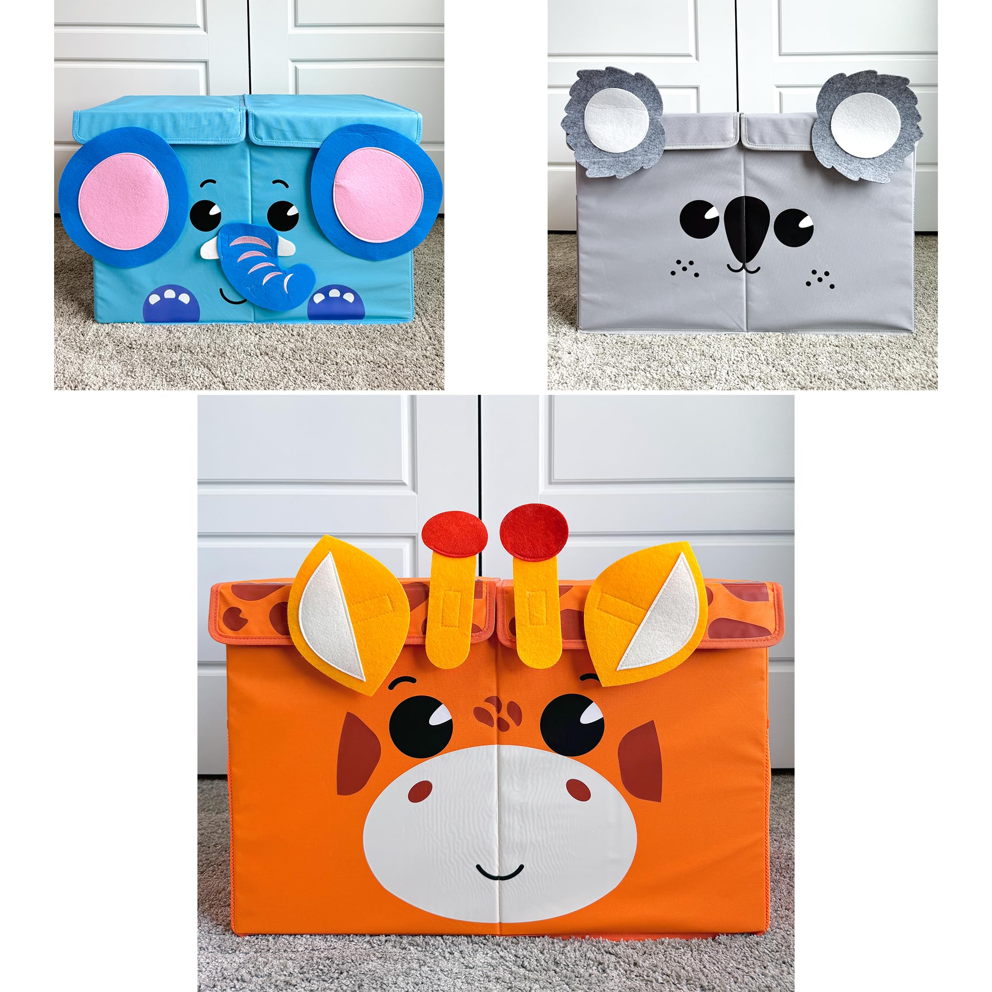 QUOKKA Toy Chest Storage Boxes for Boys and Girls Large Giraffe, Large Elephant & Large Koala - Fabric Foldable Bin for Playroom