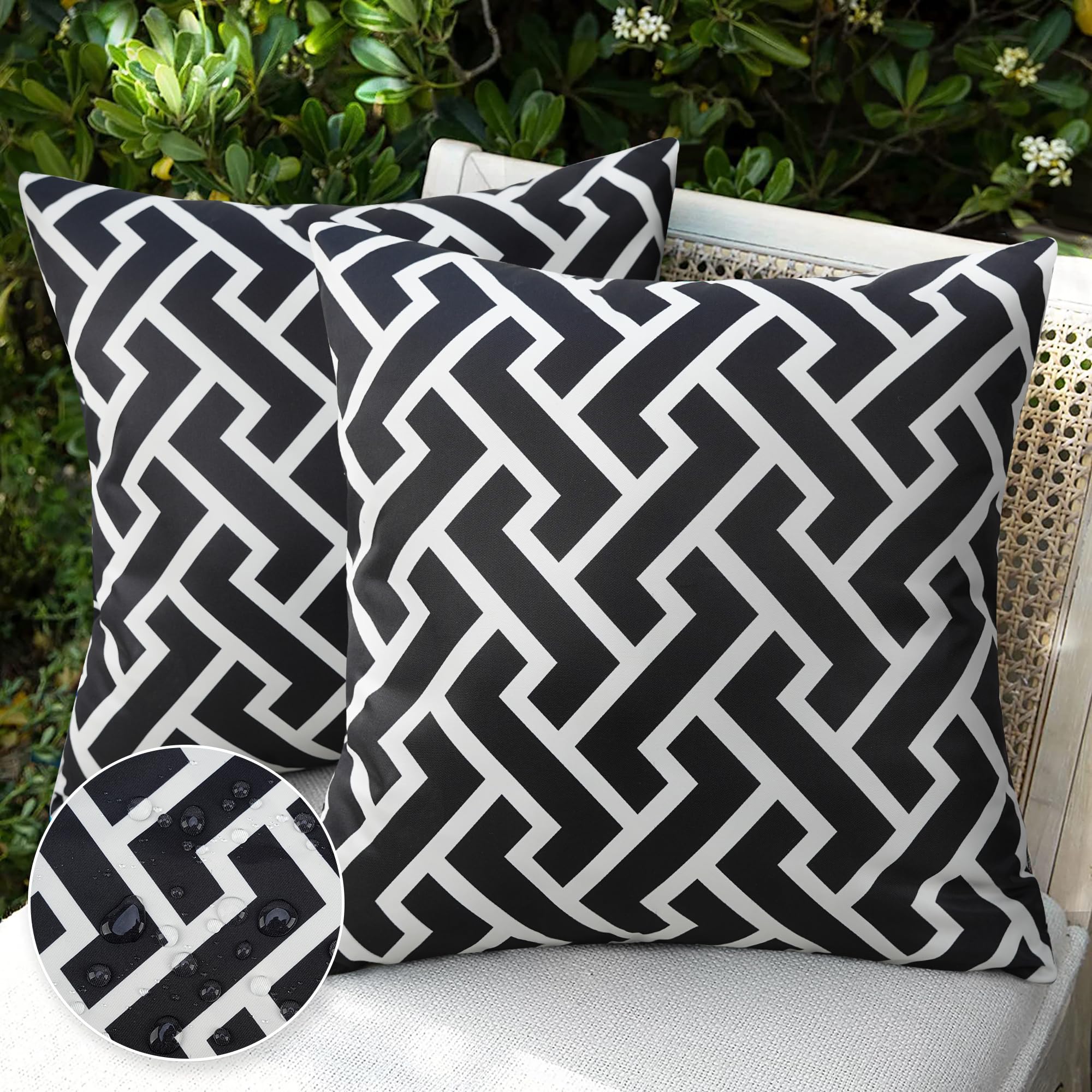 Pyonic Outdoor Waterproof Pillow Covers Set of 2 18X18 Inch Modern Geometric Black and White Decorative Outdoor Pillows for Patio Garden