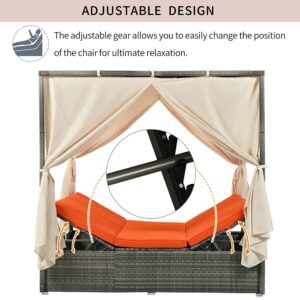 BAMOOLI Outdoor Canopy Bed, Patio PE Rattan Outdoor Chaise Lounge Daybed with Adjustable Seats, Outdoor Sunbed with Four-Sided Canopy, Rattan Sun Lounger Patio Loveseat Sofa Set with Curtains, Orange