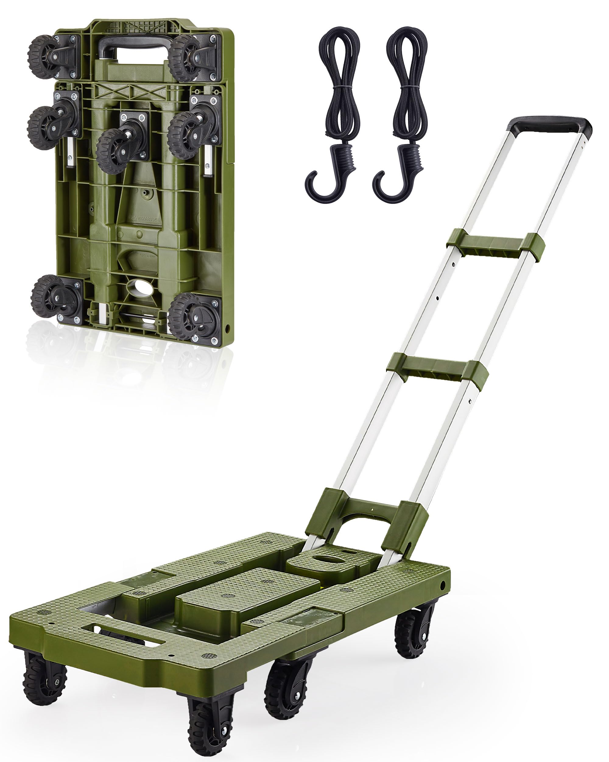 UPWOIGH Folding Hand Truck,400 lb Heavy Duty Cart,Multifunctional Hand Cart,Green Portable Folding Luggage Cart with 7 Tank Wheels and 2 Bungee Cords,Ideal for Moving, Traveling,Shopping and Camping