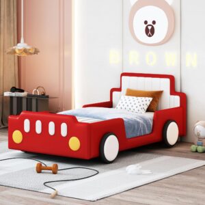 harper & bright designs twin size race car-shaped bed frame with wheels for kids, pu leather wooden twin platform bed with wood slat support, no box spring needed,red