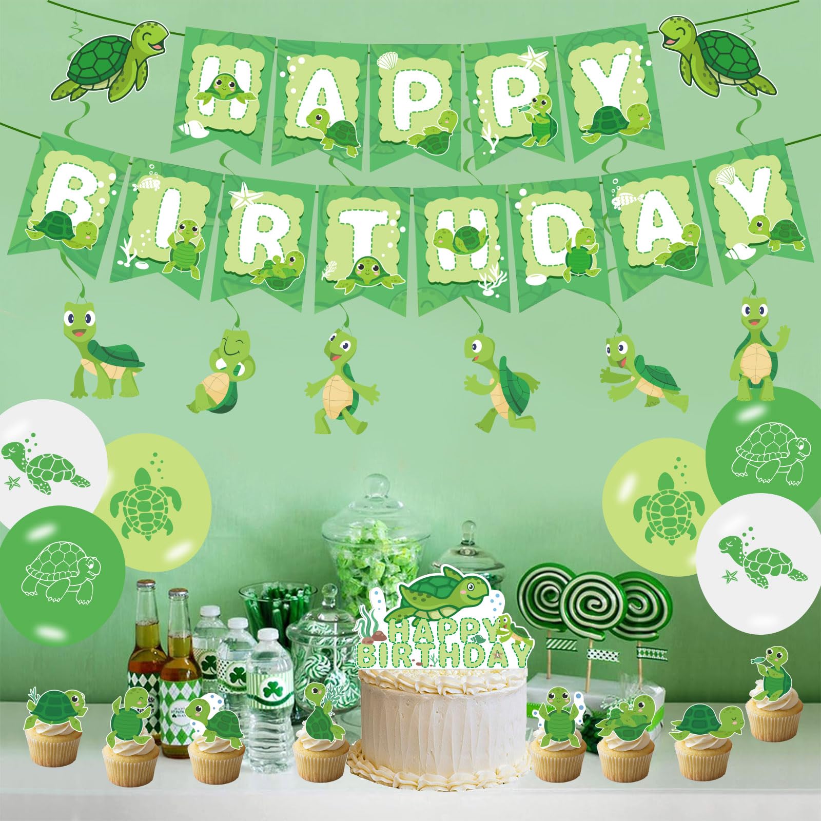 Chilfamy Turtle Party Decorations, Cute Turtle Party Supplies with Birthday Banner, Hanging Swirls, Green Turtle Baby Cake Toppers, Balloons for Kids Animal Theme Baby Shower, Birthday Party Decors