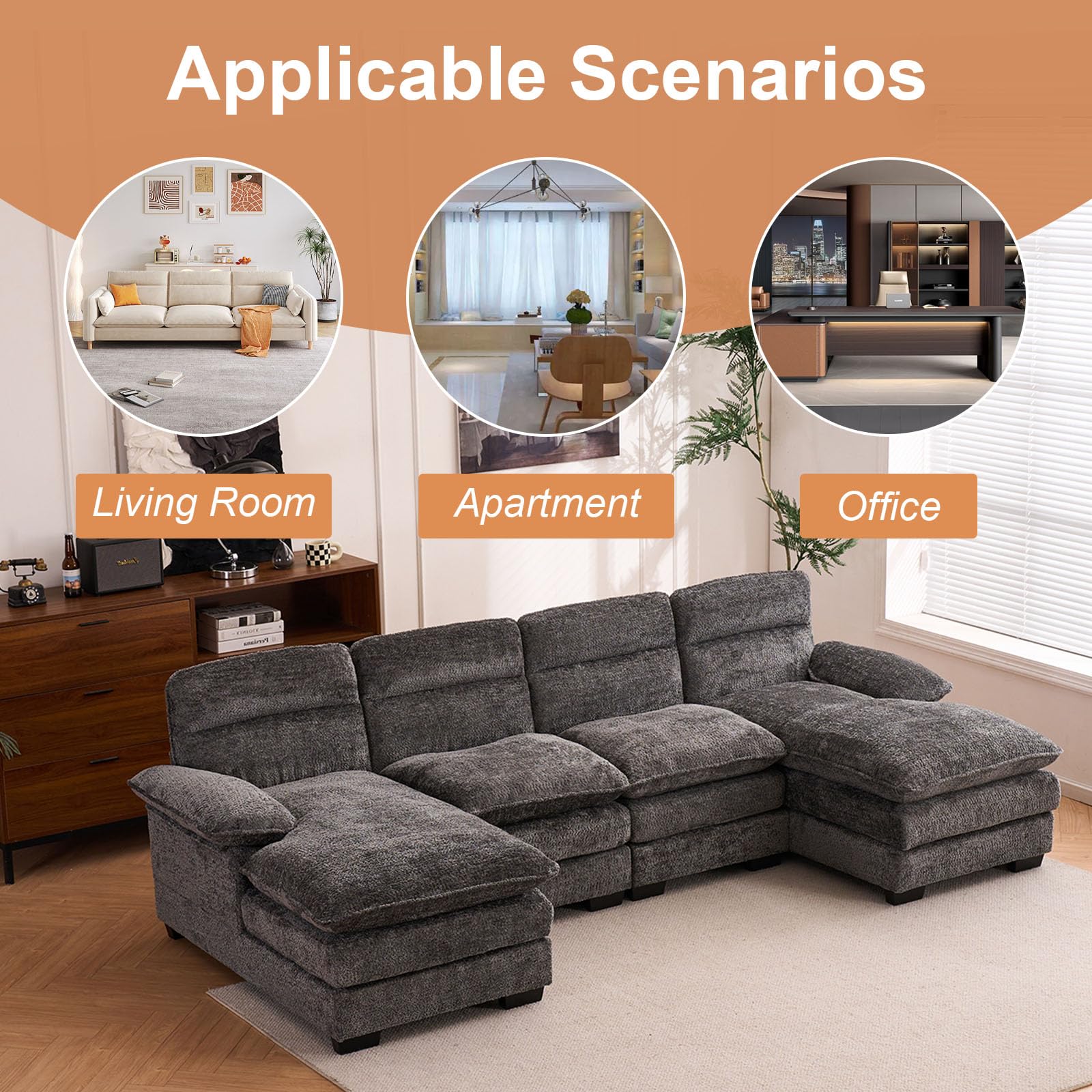 Chenille U Shaped Modular Sectional Sofa,6 Seat Couch 7 Deap Seats Corne, Oversized Convertible Upholstery,Symmetrical Sofa Cloud Couches with Double Chaise for Living Room Apartment (Grey)