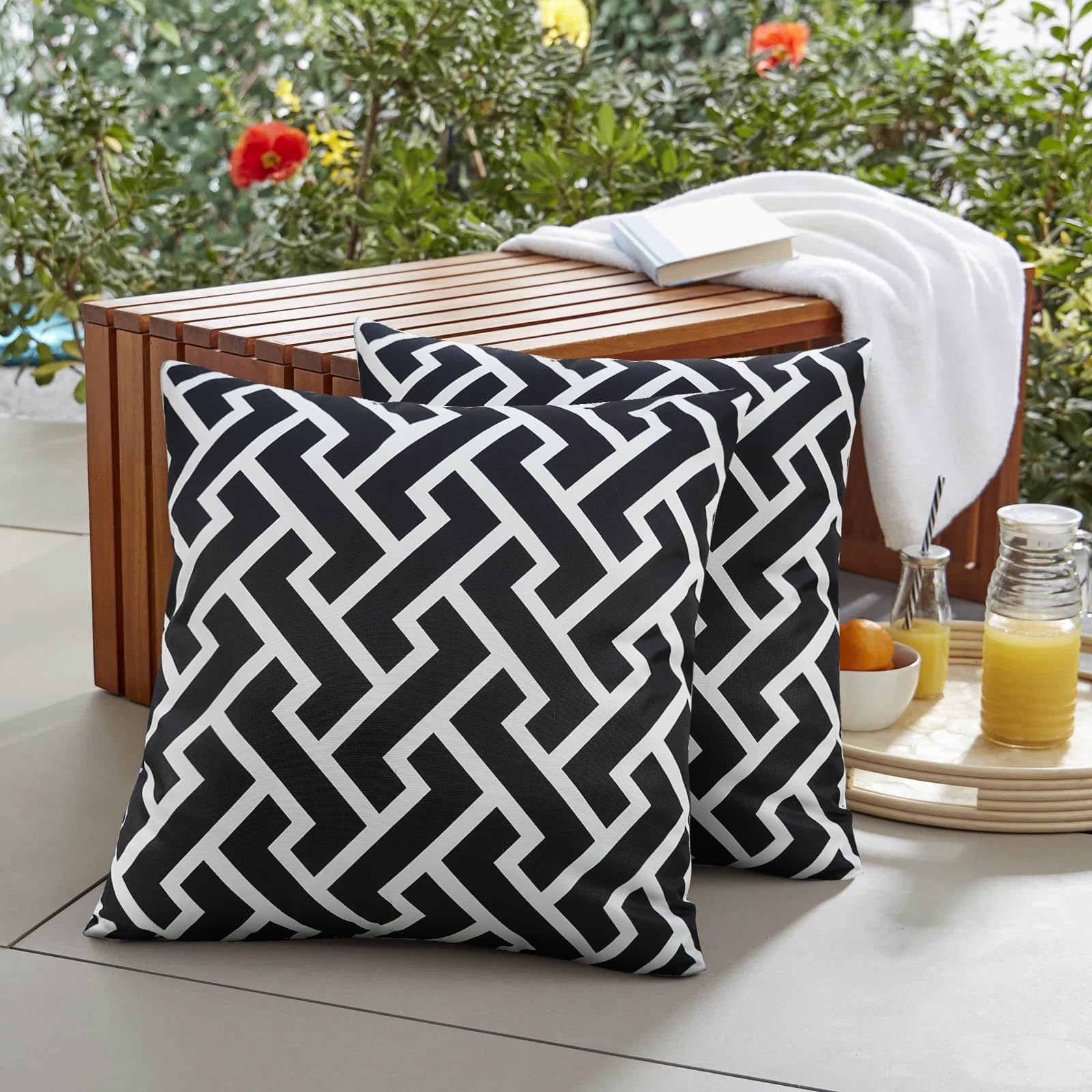 Pyonic Outdoor Waterproof Pillow Covers Set of 2 18X18 Inch Modern Geometric Black and White Decorative Outdoor Pillows for Patio Garden