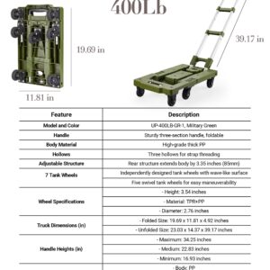 UPWOIGH Folding Hand Truck,400 lb Heavy Duty Cart,Multifunctional Hand Cart,Green Portable Folding Luggage Cart with 7 Tank Wheels and 2 Bungee Cords,Ideal for Moving, Traveling,Shopping and Camping