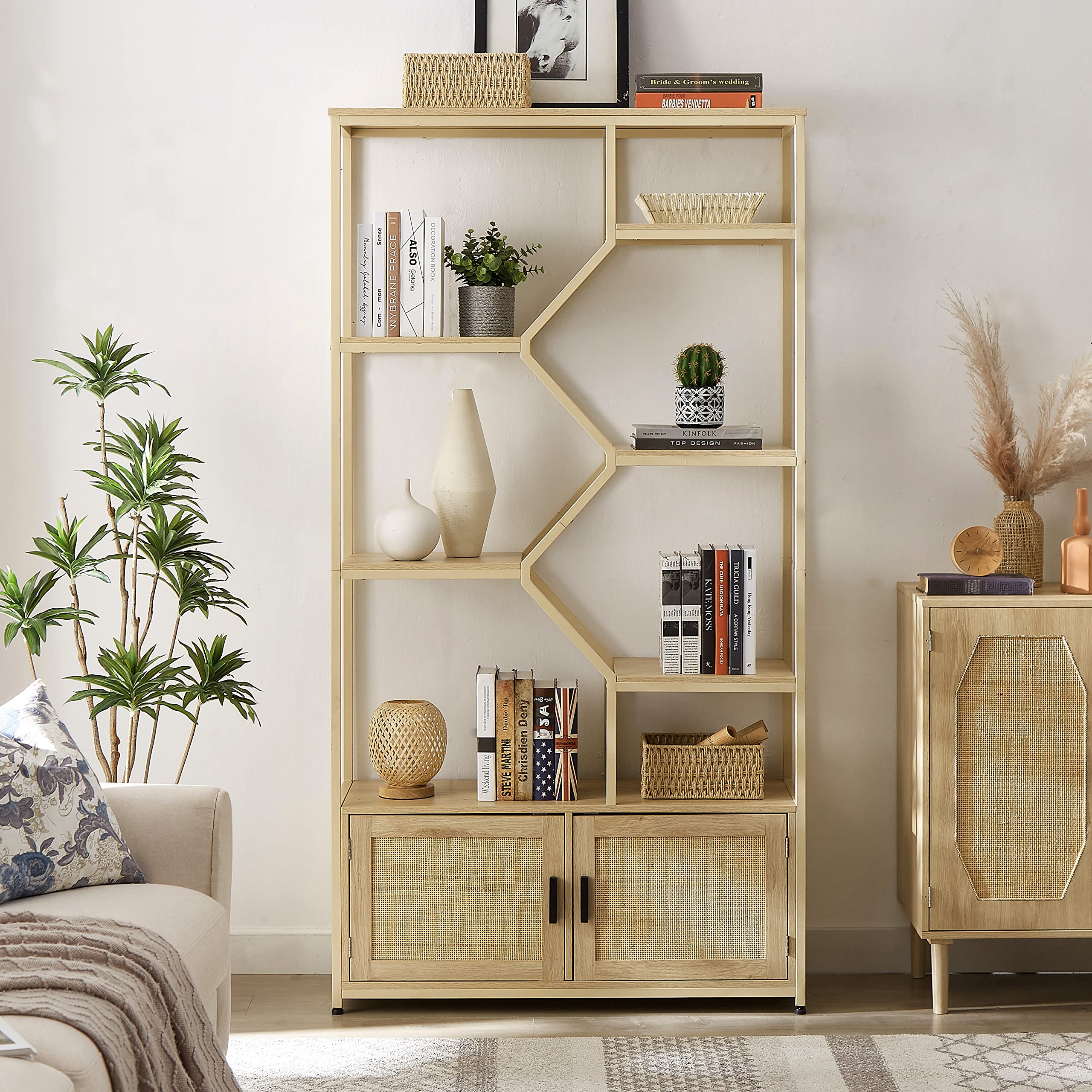 Rattan Bookshelf with 1 Natural Rattan Storage Cabinet and 7 Open Display Shelves, 7 Tier Bookshelf w/Adjustable Shleves & Foot Pad for Living Room, Bedroom, Office, Metal Shelves, Natural