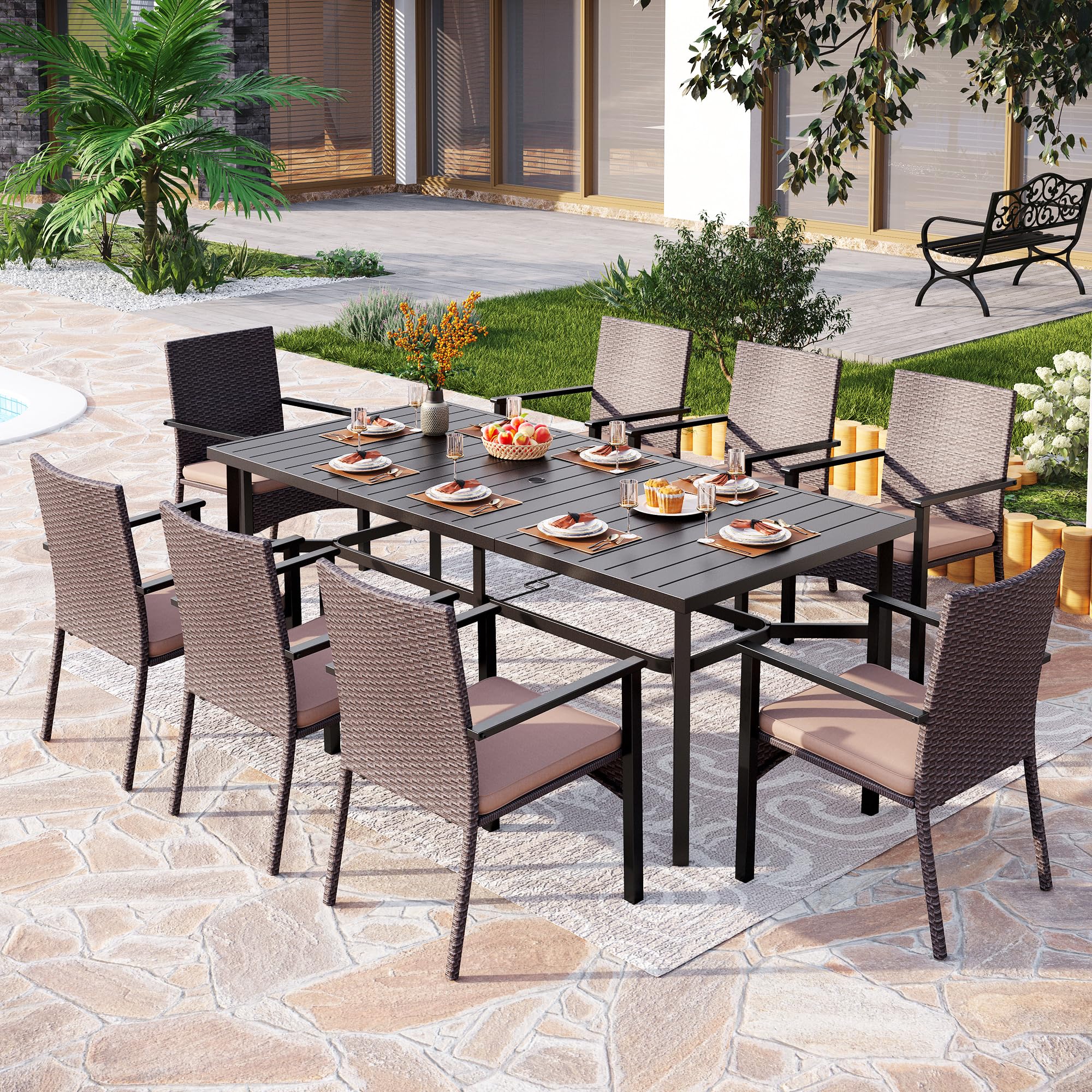 PHI VILLA 9 Pieces Outdoor Dining Set for 8, Large Rectangle Wrought Iron Table with Umbrella Hole & Cushioned Wicker Chairs, Dining Furniture for Patio, Deck, Yard, Porch