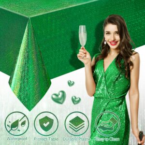 2 Pcs Dark Green Holographic Foil Tablecloths - 54x108 Durable Table Cover with a Magical Shimmer, Simplistic Luxury for Parties, Weddings, and Showers, Add a Sparkling Touch to Your Special Events