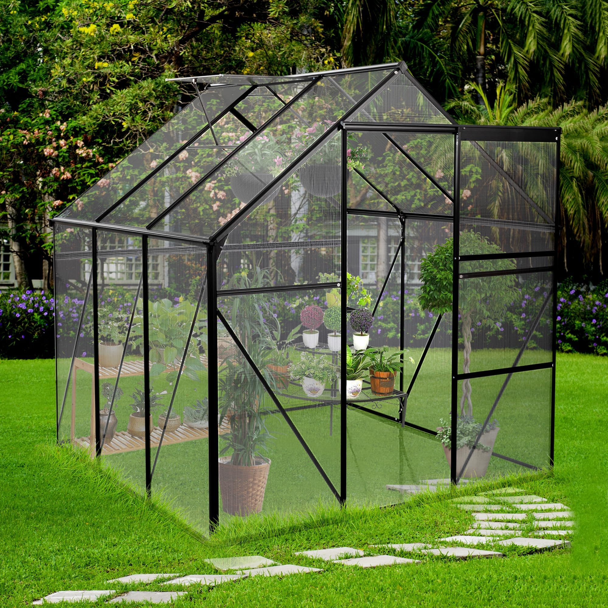 LUSPAZ 6x6ft Black Polycarbonate Greenhouse with Raised Base and Anchor Heavy Duty Aluminum Walk-in Greenhouse for Outdoor Backyard All Season Gardening Solution