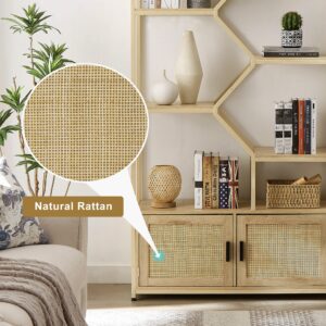 Rattan Bookshelf with 1 Natural Rattan Storage Cabinet and 7 Open Display Shelves, 7 Tier Bookshelf w/Adjustable Shleves & Foot Pad for Living Room, Bedroom, Office, Metal Shelves, Natural