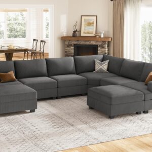 Nolany Sectional Couch with Storage Ottoman, Corduroy Modular Corner Sectional Sofa, U Shape Sectional Couches for Living Room, Dark Grey