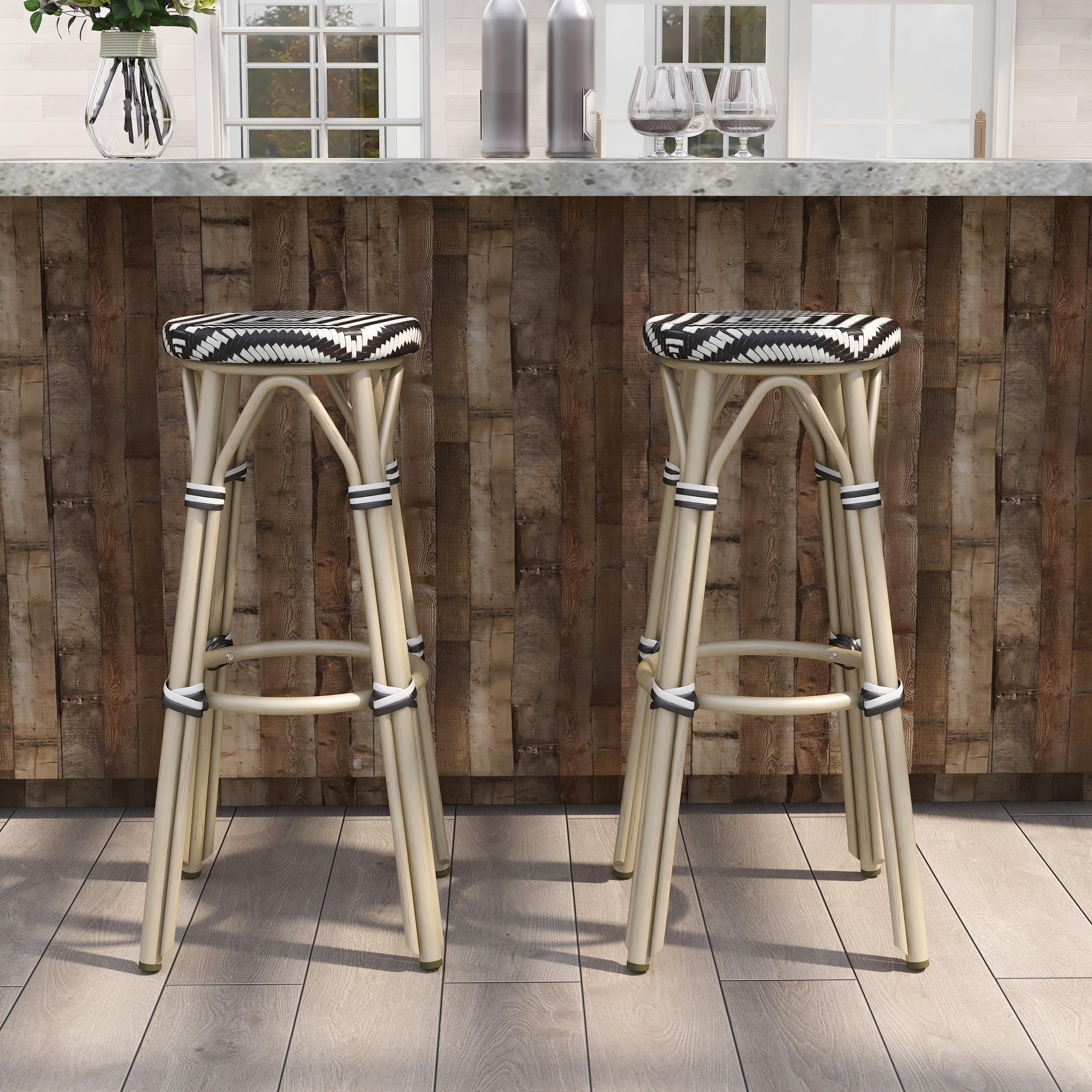 Greemotion Binde Boho 30-inch Aluminum and All-Weather Wicker Barstools with Footrest, Patio Stools & Bar Chairs for Outdoor, Kitchen Counter, Poolside, Yard, Set of 2, Brown