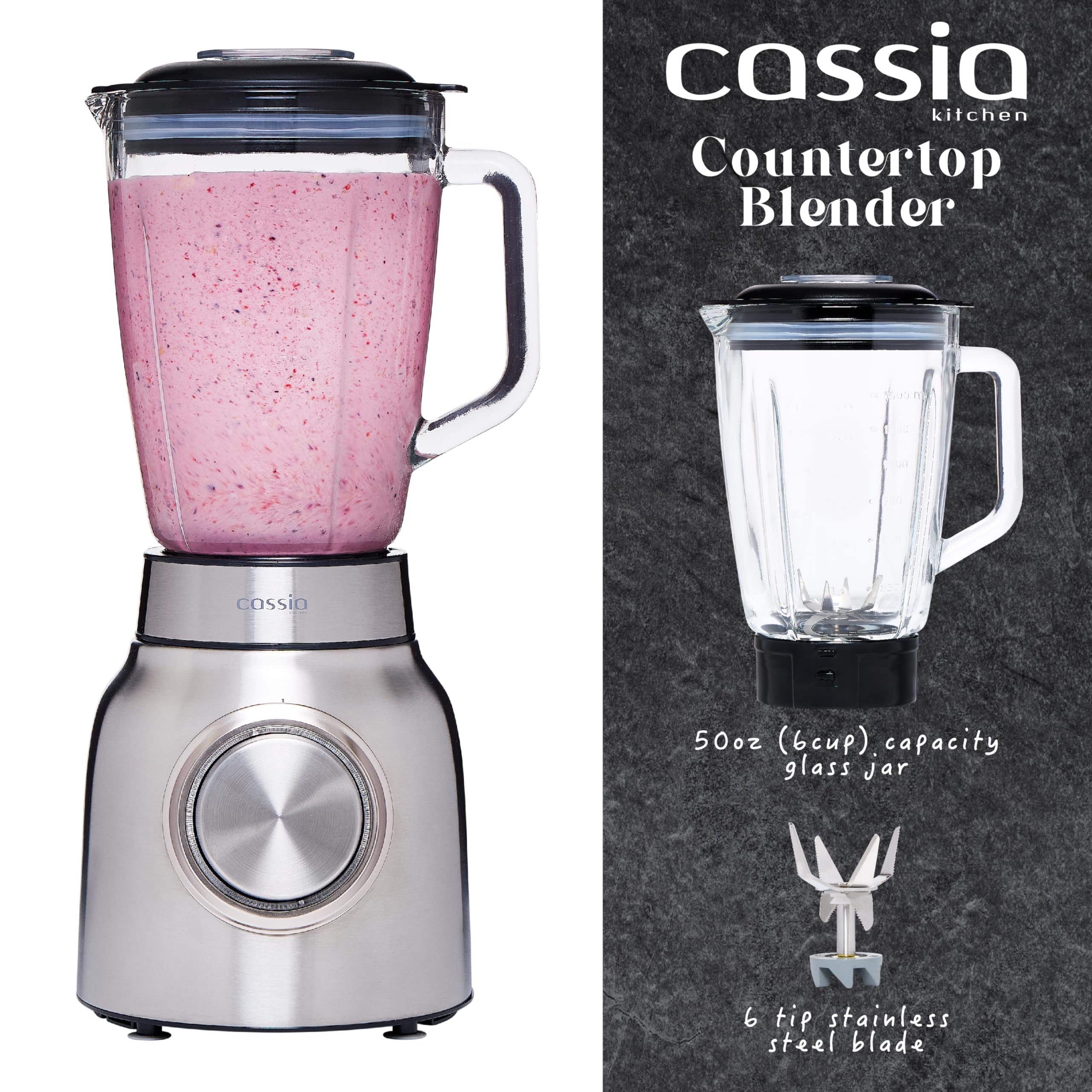 Dynamic Blend: 600W Cassia Countertop Blender with 1.5L Glass Jar - Safety Features, Stainless Steel Housing, and Powerful Performance