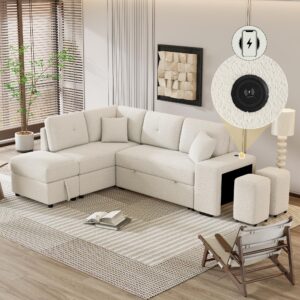 Olodumare 87.7" L-Shaped Sectional Pull Out Sofa Bed Sleeper Sofa,Corner Sofa with Storage Ottoman,2 Throw Pillows,2 Stools,Wireless Charger and Two Hidden USB Ports for Living Room,Small Space,Cream