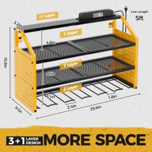 LBT Power Tool Organizer Wall Mount with Charging Station. Patented, Heavy Duty Steel, Garage 6 Drill Storage Shelf, 8 Hooks,2 Screw Boxes,6 Outlets Power Strip, Easy Install Power Tool Storage Rack.