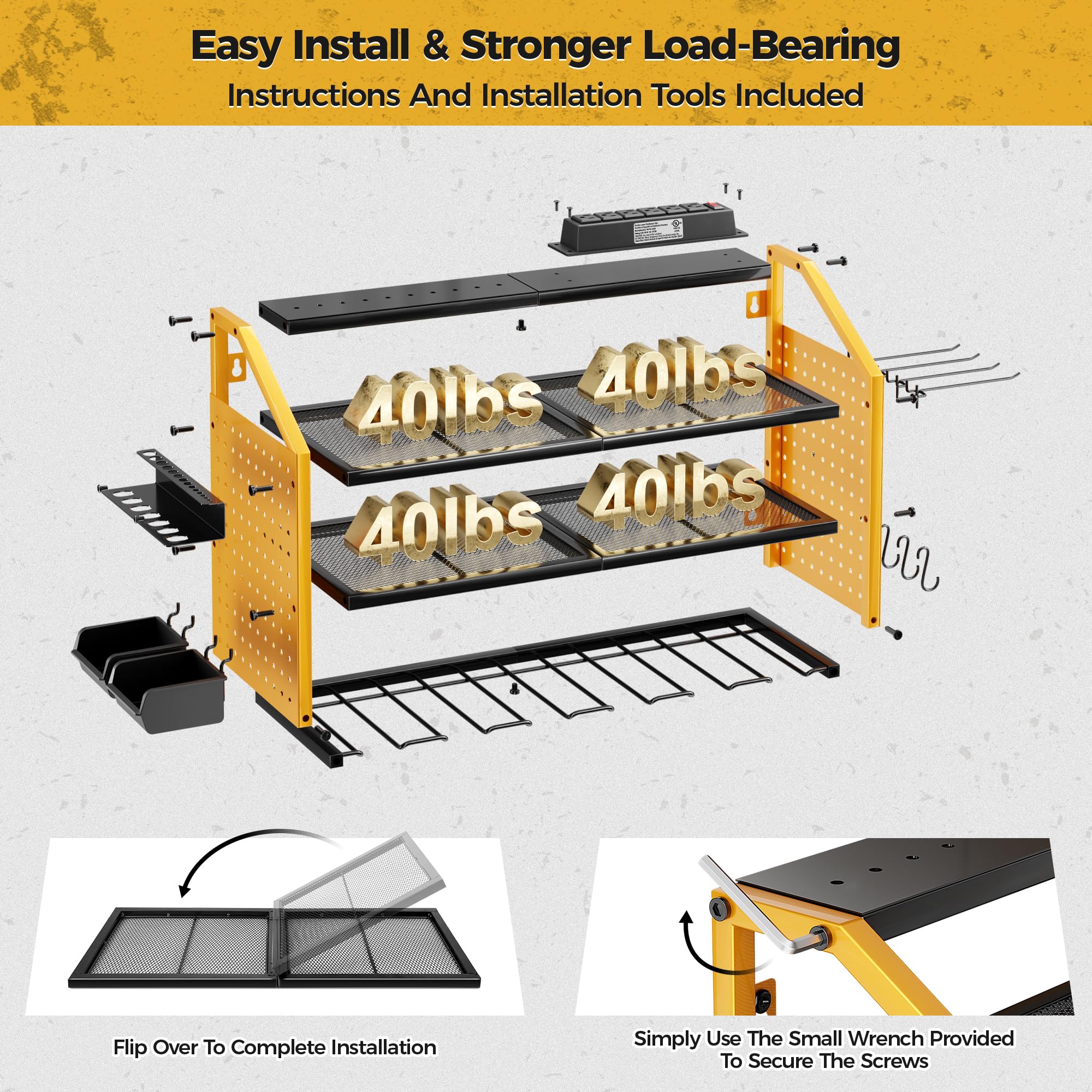 LBT Power Tool Organizer Wall Mount with Charging Station. Patented, Heavy Duty Steel, Garage 6 Drill Storage Shelf, 8 Hooks,2 Screw Boxes,6 Outlets Power Strip, Easy Install Power Tool Storage Rack.