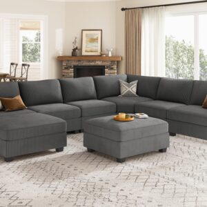 Nolany Sectional Couch with Storage Ottoman, Corduroy Modular Corner Sectional Sofa, U Shape Sectional Couches for Living Room, Dark Grey