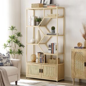 Rattan Bookshelf with 1 Natural Rattan Storage Cabinet and 7 Open Display Shelves, 7 Tier Bookshelf w/Adjustable Shleves & Foot Pad for Living Room, Bedroom, Office, Metal Shelves, Natural