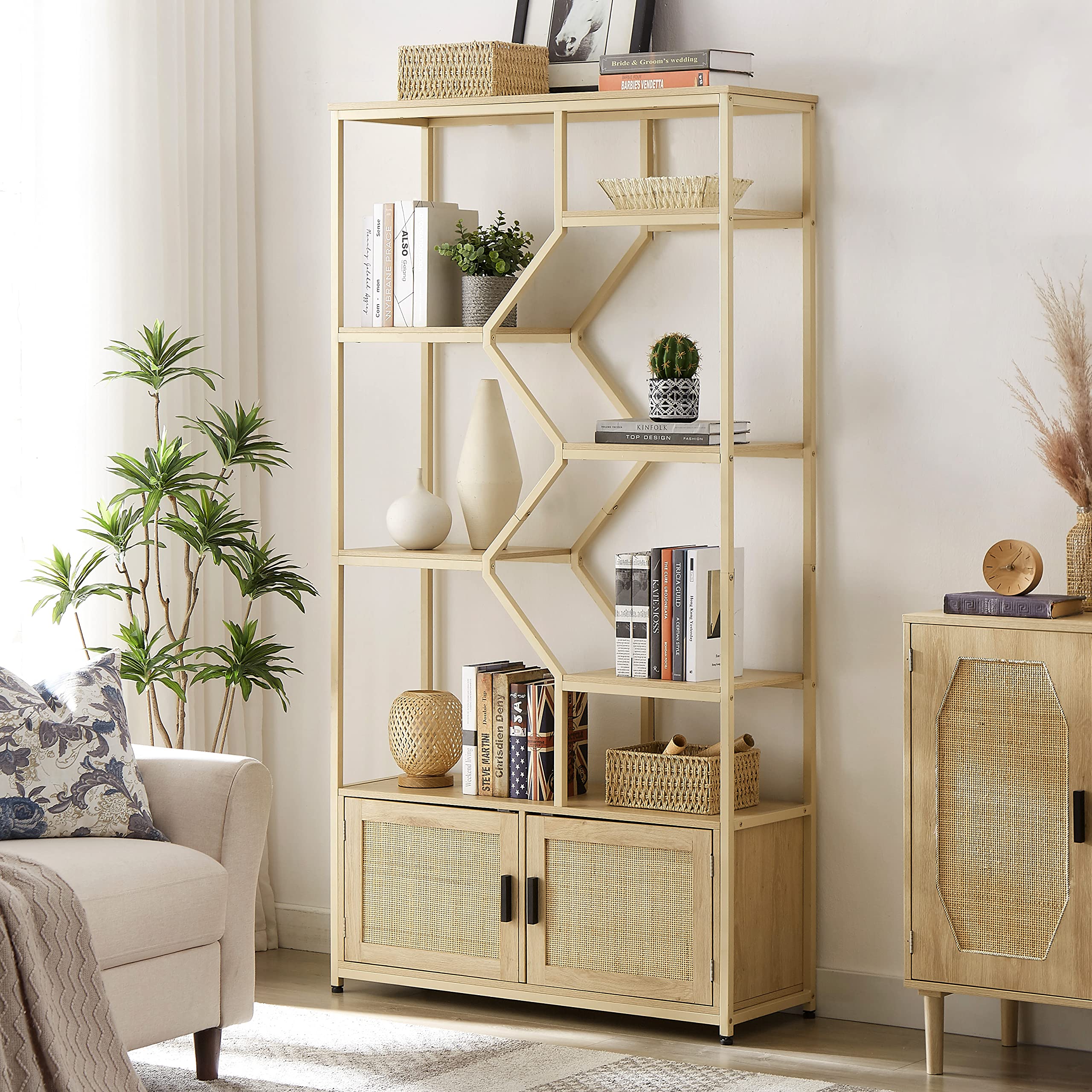 Rattan Bookshelf with 1 Natural Rattan Storage Cabinet and 7 Open Display Shelves, 7 Tier Bookshelf w/Adjustable Shleves & Foot Pad for Living Room, Bedroom, Office, Metal Shelves, Natural