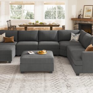 Nolany Sectional Couch with Storage Ottoman, Corduroy Modular Corner Sectional Sofa, U Shape Sectional Couches for Living Room, Dark Grey