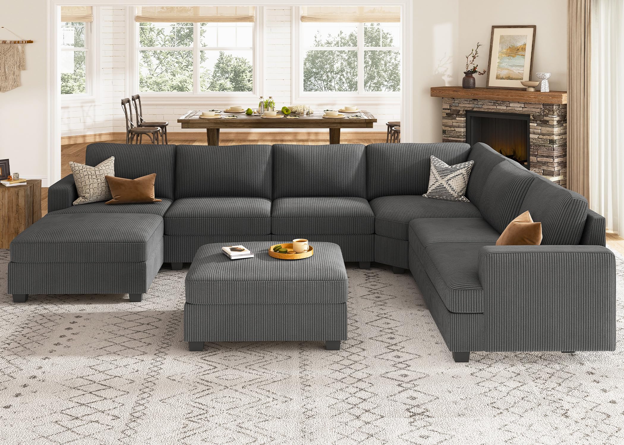 Nolany Sectional Couch with Storage Ottoman, Corduroy Modular Corner Sectional Sofa, U Shape Sectional Couches for Living Room, Dark Grey