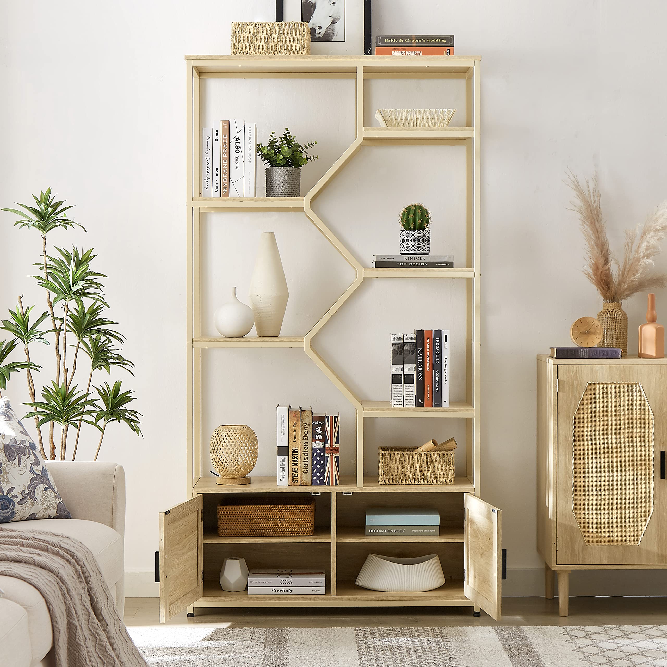 Rattan Bookshelf with 1 Natural Rattan Storage Cabinet and 7 Open Display Shelves, 7 Tier Bookshelf w/Adjustable Shleves & Foot Pad for Living Room, Bedroom, Office, Metal Shelves, Natural