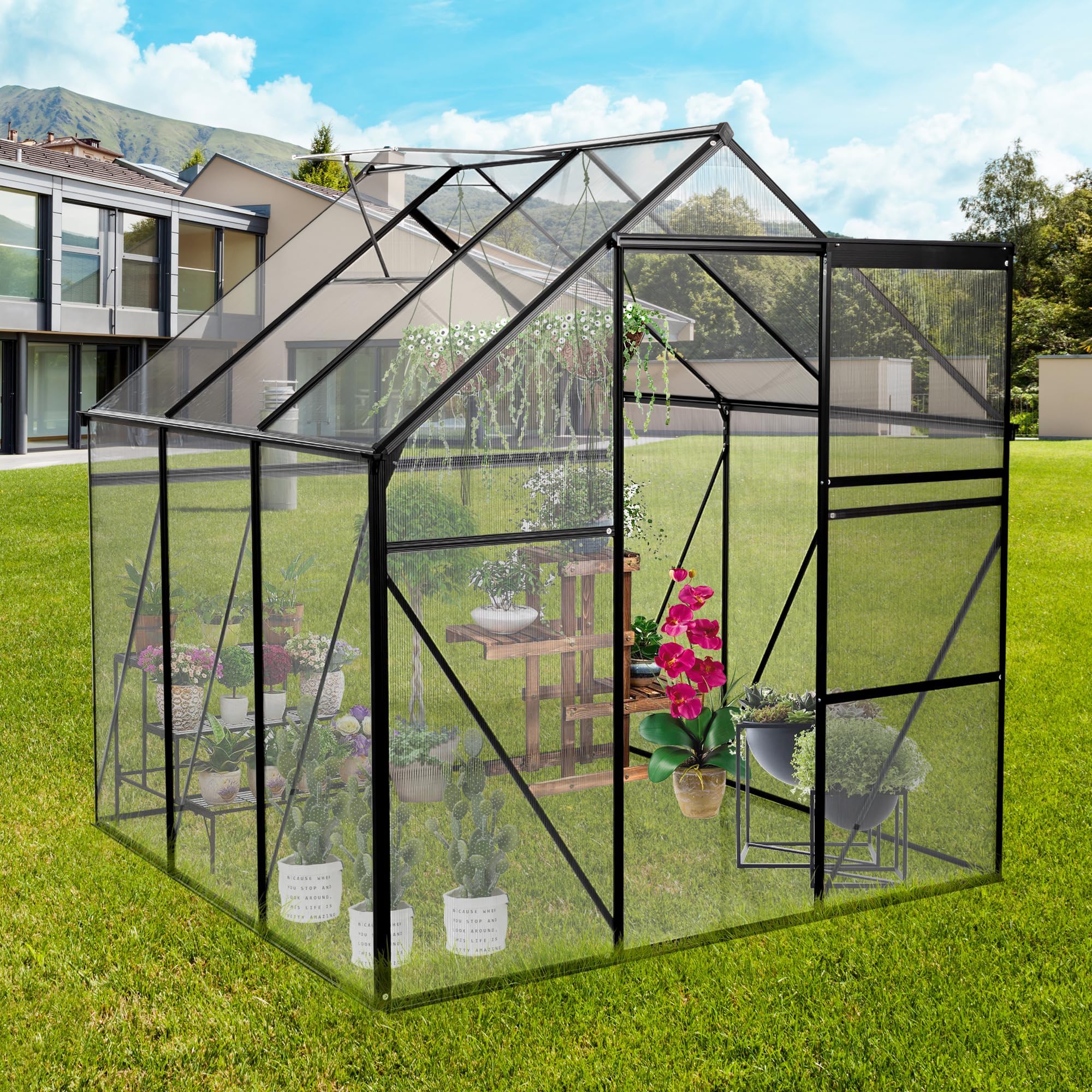 LUSPAZ 6x6ft Black Polycarbonate Greenhouse with Raised Base and Anchor Heavy Duty Aluminum Walk-in Greenhouse for Outdoor Backyard All Season Gardening Solution